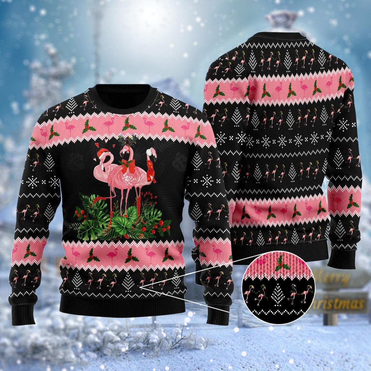 Black Pink Flamingo Jingle Bell In Area Ugly Sweater - Santa Joker