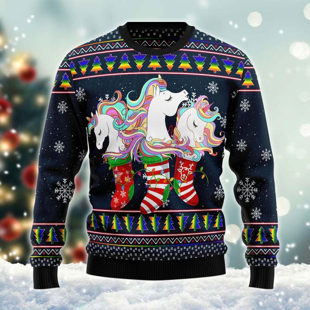 Rainbow Unicorns Inside Socks Ugly Sweater - Santa Joker