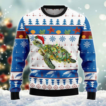 Sea Turtle Christmas Lights Funny Santa Hat Ugly Sweater