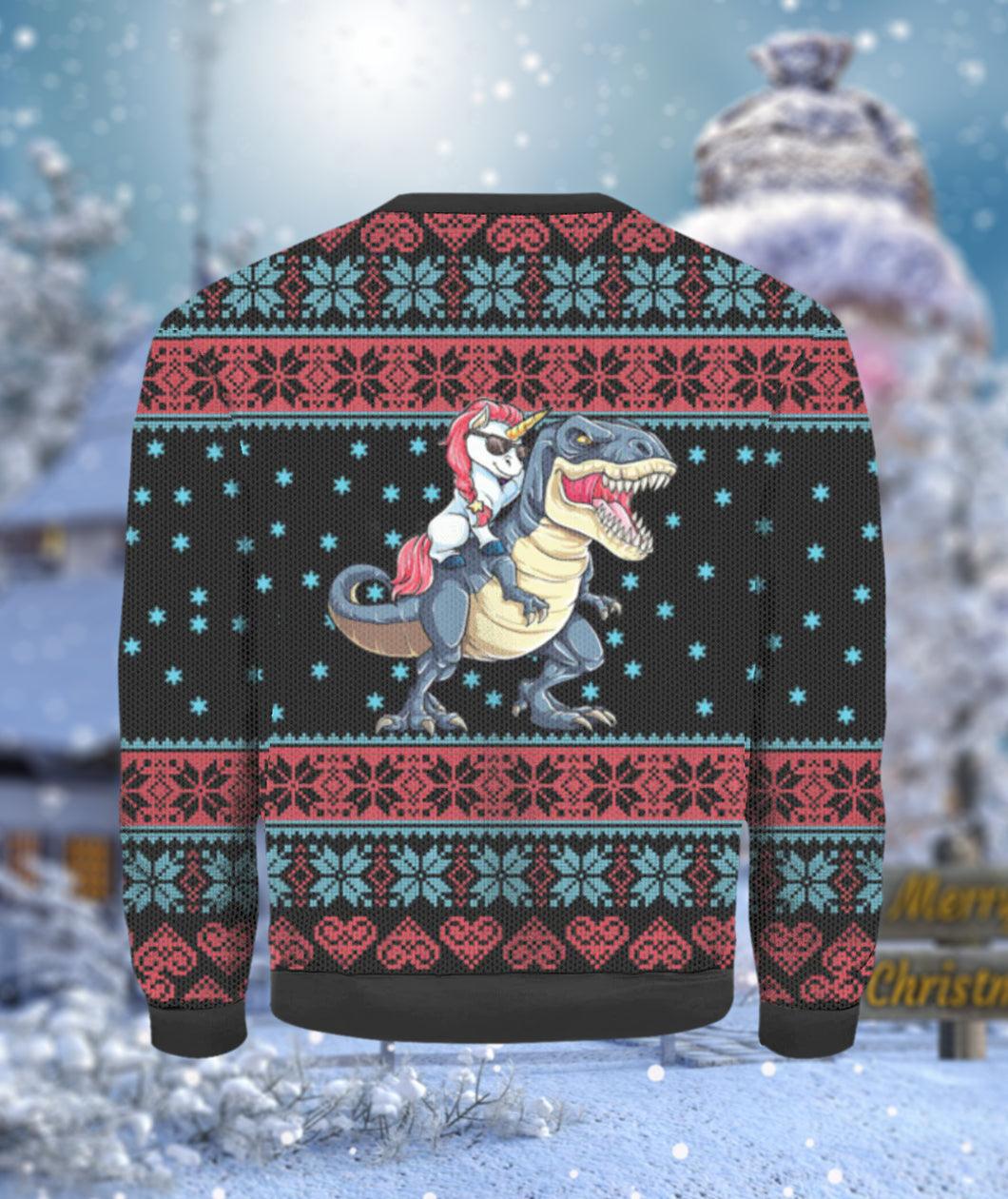 Unicorn Riding Dinosaur To Christmas Town Ugly Sweater - Santa Joker